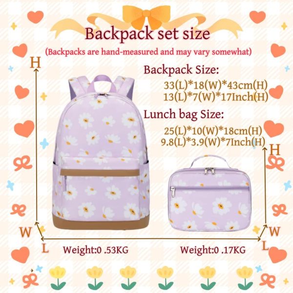 2Pcs Daisy Prints Backpack Sets for Girl Bookbag Primary Schoolbag Elementary Students Daypack with Lunch Bag