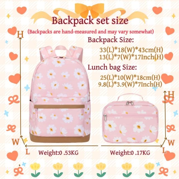 2Pcs Daisy Prints Backpack Sets for Girl Bookbag Primary Schoolbag Elementary Students Daypack with Lunch Bag