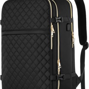 Large Travel Backpack Women, Flight Approved Carry On Backpack, Water Resistant Anti-Theft Casual Daypack School Bag Fit 17 Inch Laptop with USB Charging Port, Black