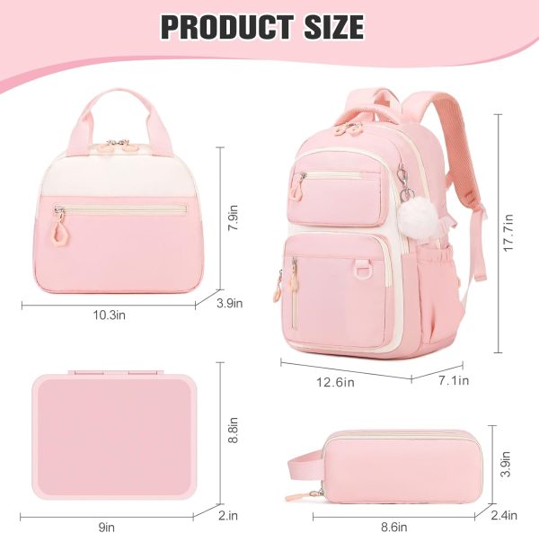 School Backpack for Girls, Bookpack with Bento Lunch Box, Insulated Bag & Utensils, 43oz Lunch Containers with 6 Compartment Schoolbag Set for Kids Elementary Middle Student (Pink)