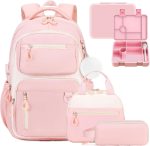 School Backpack for Girls, Bookpack with Bento Lunch Box, Insulated Bag & Utensils, 43oz Lunch Containers with 6 Compartment Schoolbag Set for Kids Elementary Middle Student (Pink)