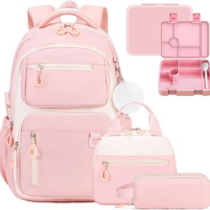 School Backpack for Girls, Bookpack with Bento Lunch Box, Insulated Bag & Utensils, 43oz Lunch Containers with 6 Compartment Schoolbag Set for Kids Elementary Middle Student (Pink)