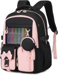 Backpack for School, Kids Backpacks for Girls, Girls Cute Bookbag for Teens, Schoolbag for Elementary Middle School Students, Girl Backpacks Ages 6-8, With Coin Purse, Travel, Camp, Black Pink