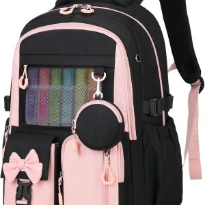 Backpack for School, Kids Backpacks for Girls, Girls Cute Bookbag for Teens, Schoolbag for Elementary Middle School Students, Girl Backpacks Ages 6-8, With Coin Purse, Travel, Camp, Black Pink