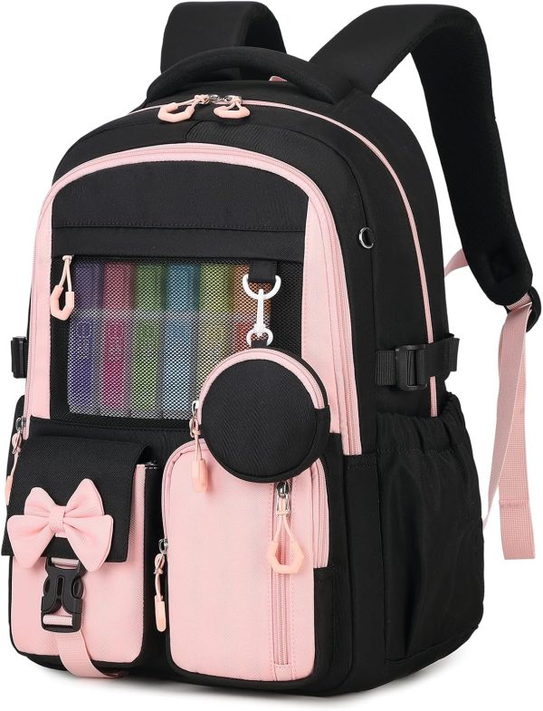 Backpack for School, Kids Backpacks for Girls, Girls Cute Bookbag for Teens, Schoolbag for Elementary Middle School Students, Girl Backpacks Ages 6-8, With Coin Purse, Travel, Camp, Black Pink