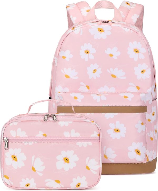 2Pcs Daisy Prints Backpack Sets for Girl Bookbag Primary Schoolbag Elementary Students Daypack with Lunch Bag