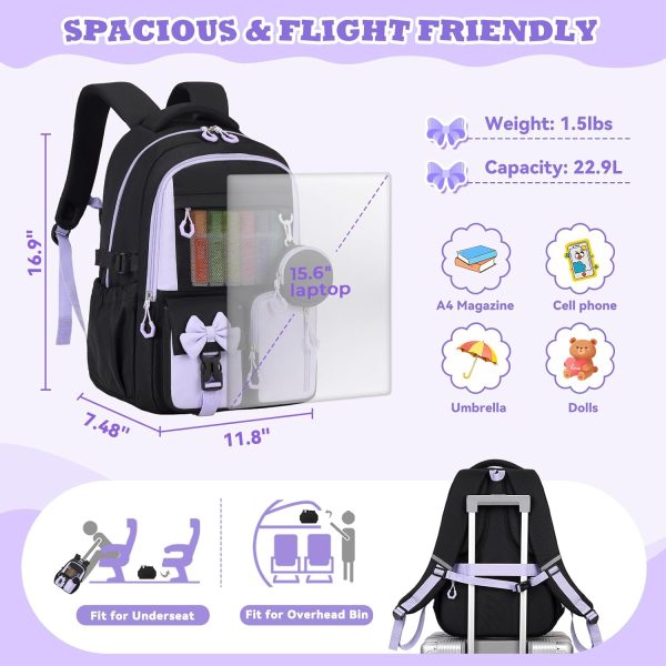 Backpack for School, Kids Backpacks for Girls, Girls Cute Bookbag for Teens, Schoolbag for Elementary Middle School Students, Girl Backpacks Ages 6-8, With Coin Purse, Travel, Camp,Black Purple