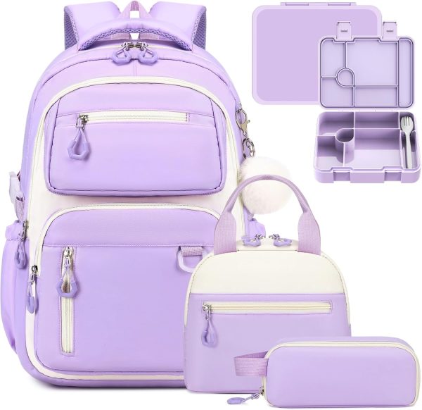 School Backpack for Girls, Bookpack with Bento Lunch Box, Insulated Bag & Utensils, 43oz Lunch Containers with 6 Compartment Schoolbag Set for Kids Elementary Middle Student (Purple)