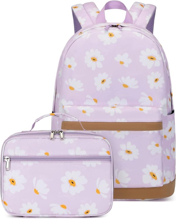 2Pcs Daisy Prints Backpack Sets for Girl Bookbag Primary Schoolbag Elementary Students Daypack with Lunch Bag