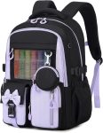 Backpack for School, Kids Backpacks for Girls, Girls Cute Bookbag for Teens, Schoolbag for Elementary Middle School Students, Girl Backpacks Ages 6-8, With Coin Purse, Travel, Camp,Black Purple