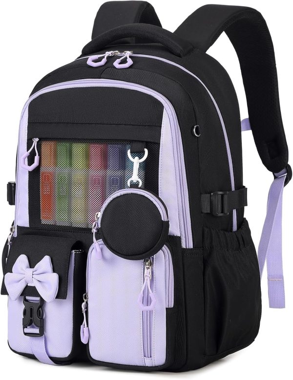 Backpack for School, Kids Backpacks for Girls, Girls Cute Bookbag for Teens, Schoolbag for Elementary Middle School Students, Girl Backpacks Ages 6-8, With Coin Purse, Travel, Camp,Black Purple
