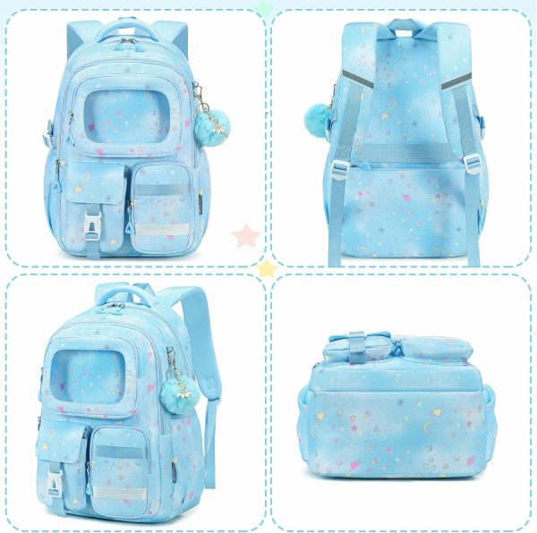 Backpack for Girls with Lunch Bag Pencil Case Kids School Bags for Kindergarten Elementary Middle Primary Schoolbag Cute 16 inch Laptop Bookbag Students 3 PCS Cute Bookbag, Blue Set
