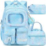 Backpack for Girls with Lunch Bag Pencil Case Kids School Bags for Kindergarten Elementary Middle Primary Schoolbag Cute 16 inch Laptop Bookbag Students 3 PCS Cute Bookbag, Blue Set