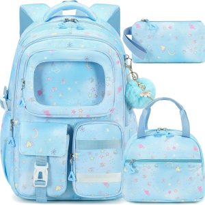 Backpack for Girls with Lunch Bag Pencil Case Kids School Bags for Kindergarten Elementary Middle Primary Schoolbag Cute 16 inch Laptop Bookbag Students 3 PCS Cute Bookbag, Blue Set